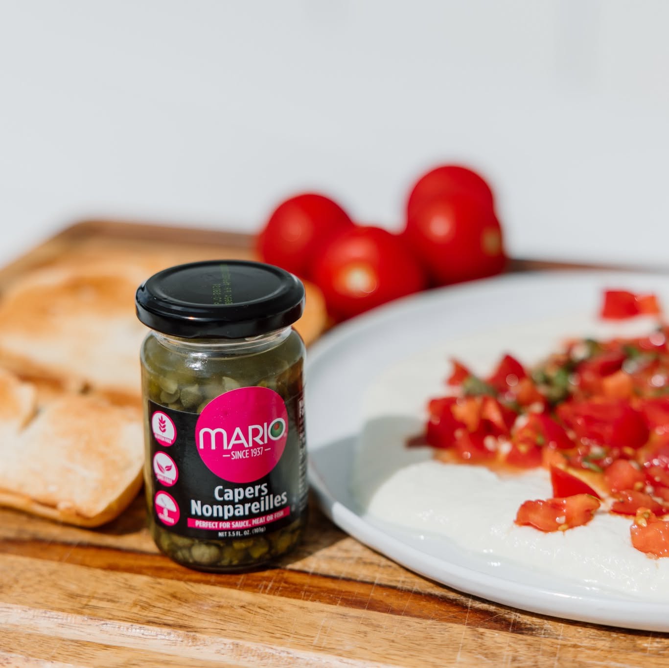 Elevate your bruschetta game with the tangy bite of Mario Capers Nonpareilles😍From jar to table our Capers make any dish pop with flavor✨#MarioFoods #Yummy #Delicious #Capers #Tomatoe